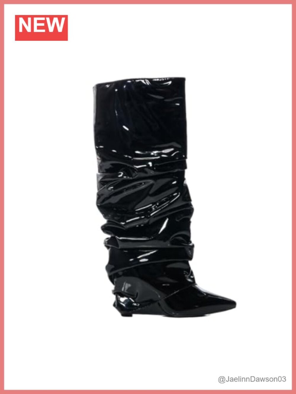 Patent Leather Wedge Knee High Boots Slip-On Pointed Toe Waterproof Vegan 18